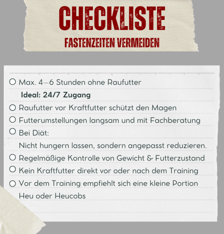 Fastenzeiten sind bei Pferden zu vermeiden - mit der Checkliste können Sie Probleme vermeiden.
